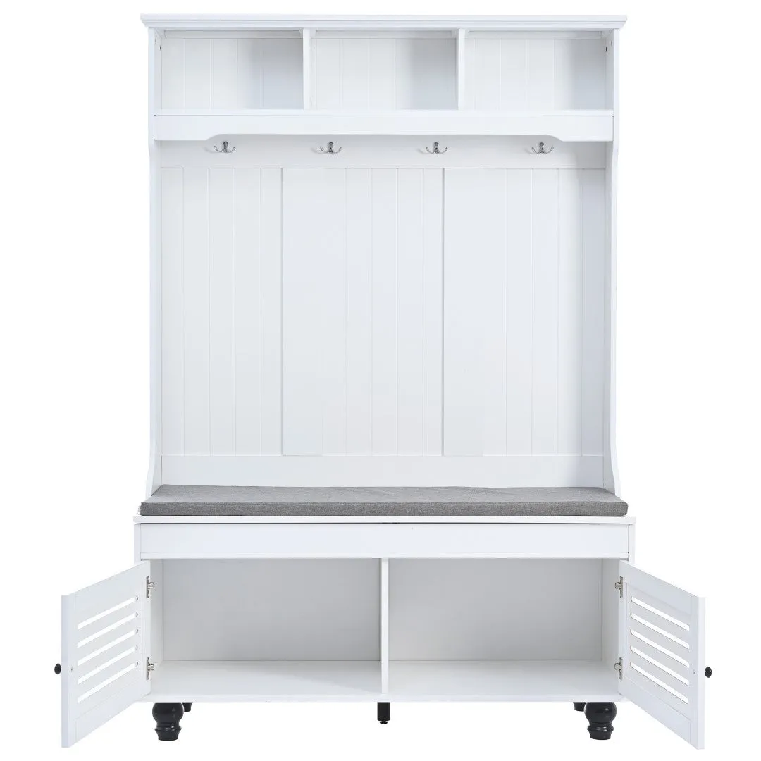 5-In-1 Entryway Bench with Shutter Doors, Coat Rack, Cushion & 4 Hooks, 47.2'' Hall Tree Storage Bench for Hallway & Living Room