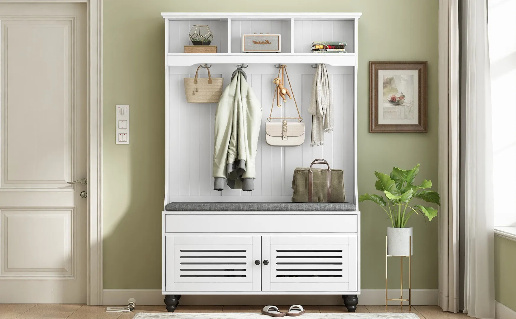5-In-1 Entryway Bench with Shutter Doors, Coat Rack, Cushion & 4 Hooks, 47.2'' Hall Tree Storage Bench for Hallway & Living Room