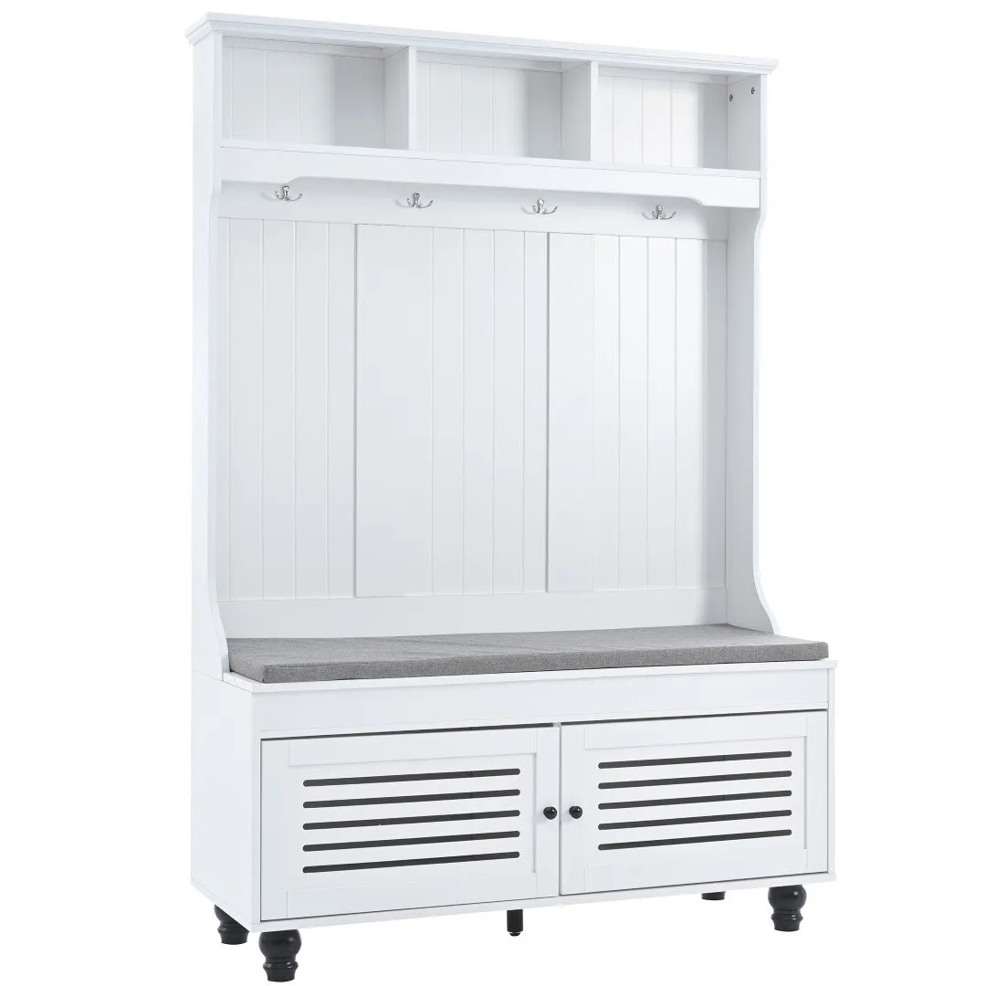 5-In-1 Entryway Bench with Shutter Doors, Coat Rack, Cushion & 4 Hooks, 47.2'' Hall Tree Storage Bench for Hallway & Living Room