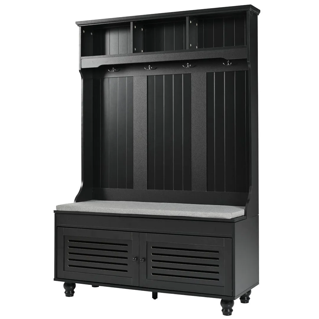 5-In-1 Entryway Bench with Shutter Doors, Coat Rack, Cushion & 4 Hooks, 47.2'' Hall Tree Storage Bench for Hallway & Living Room