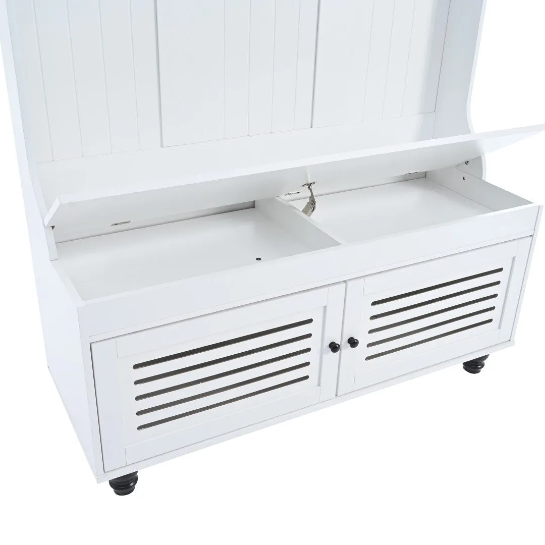 5-In-1 Entryway Bench with Shutter Doors, Coat Rack, Cushion & 4 Hooks, 47.2'' Hall Tree Storage Bench for Hallway & Living Room
