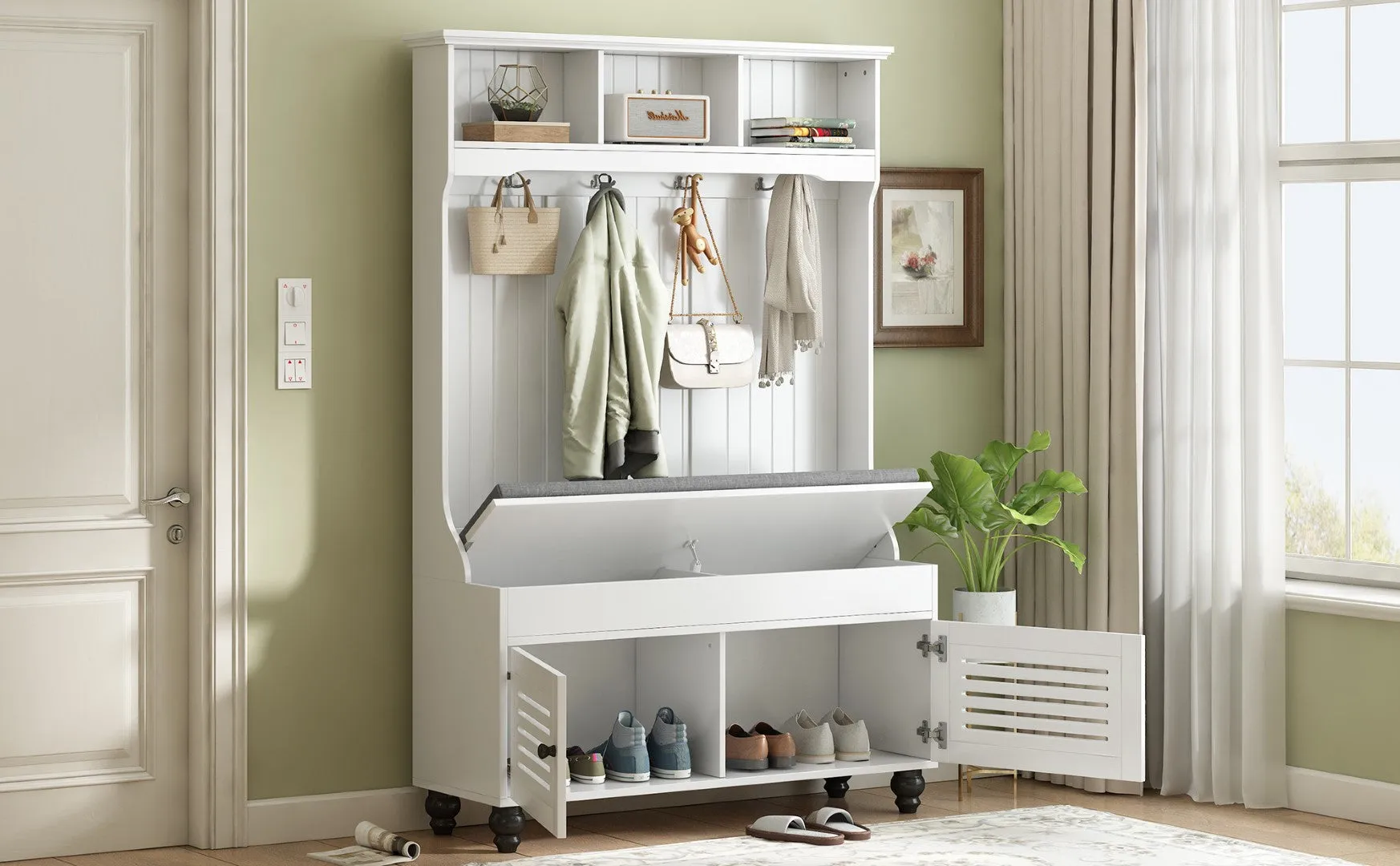 5-In-1 Entryway Bench with Shutter Doors, Coat Rack, Cushion & 4 Hooks, 47.2'' Hall Tree Storage Bench for Hallway & Living Room