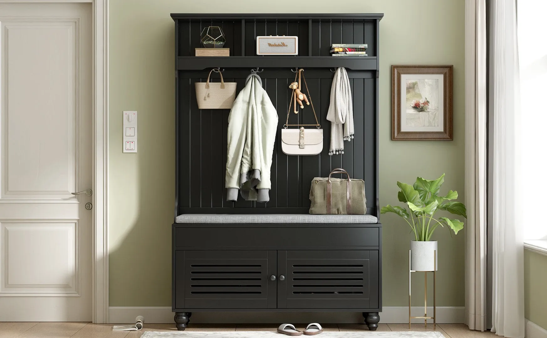 5-In-1 Entryway Bench with Shutter Doors, Coat Rack, Cushion & 4 Hooks, 47.2'' Hall Tree Storage Bench for Hallway & Living Room