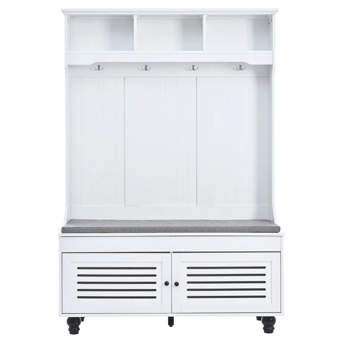 5-In-1 Entryway Bench with Shutter Doors, Coat Rack, Cushion & 4 Hooks, 47.2'' Hall Tree Storage Bench for Hallway & Living Room