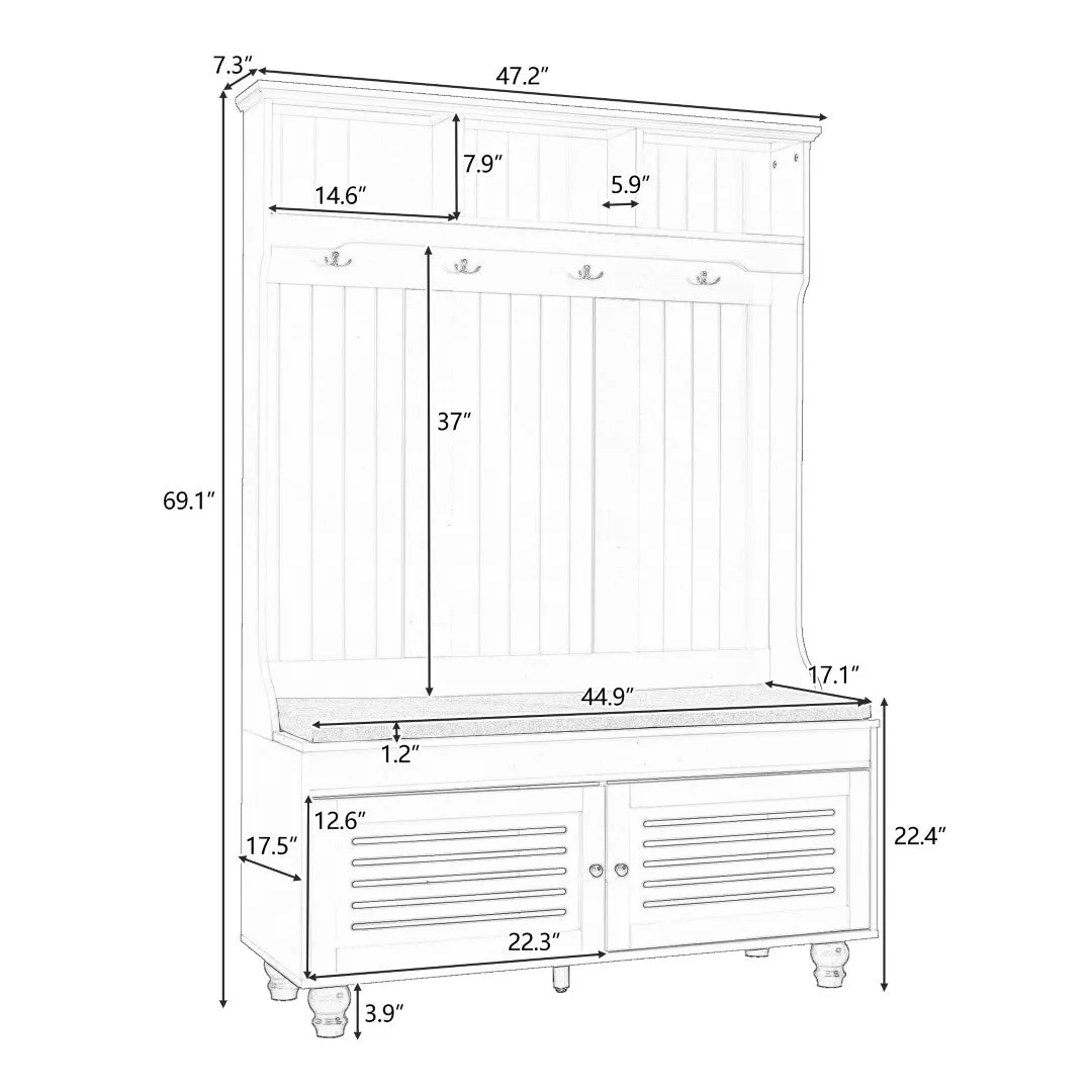 5-In-1 Entryway Bench with Shutter Doors, Coat Rack, Cushion & 4 Hooks, 47.2'' Hall Tree Storage Bench for Hallway & Living Room