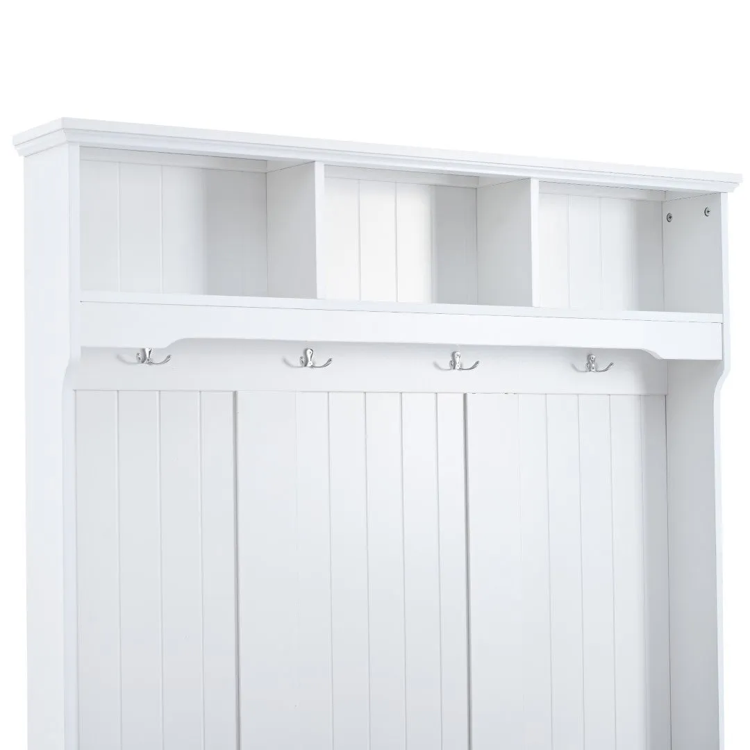 5-In-1 Entryway Bench with Shutter Doors, Coat Rack, Cushion & 4 Hooks, 47.2'' Hall Tree Storage Bench for Hallway & Living Room