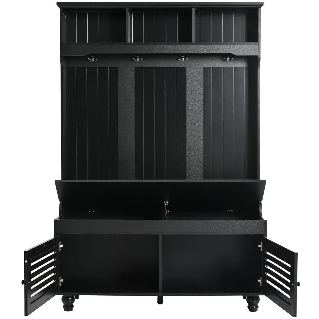 5-In-1 Entryway Bench with Shutter Doors, Coat Rack, Cushion & 4 Hooks, 47.2'' Hall Tree Storage Bench for Hallway & Living Room