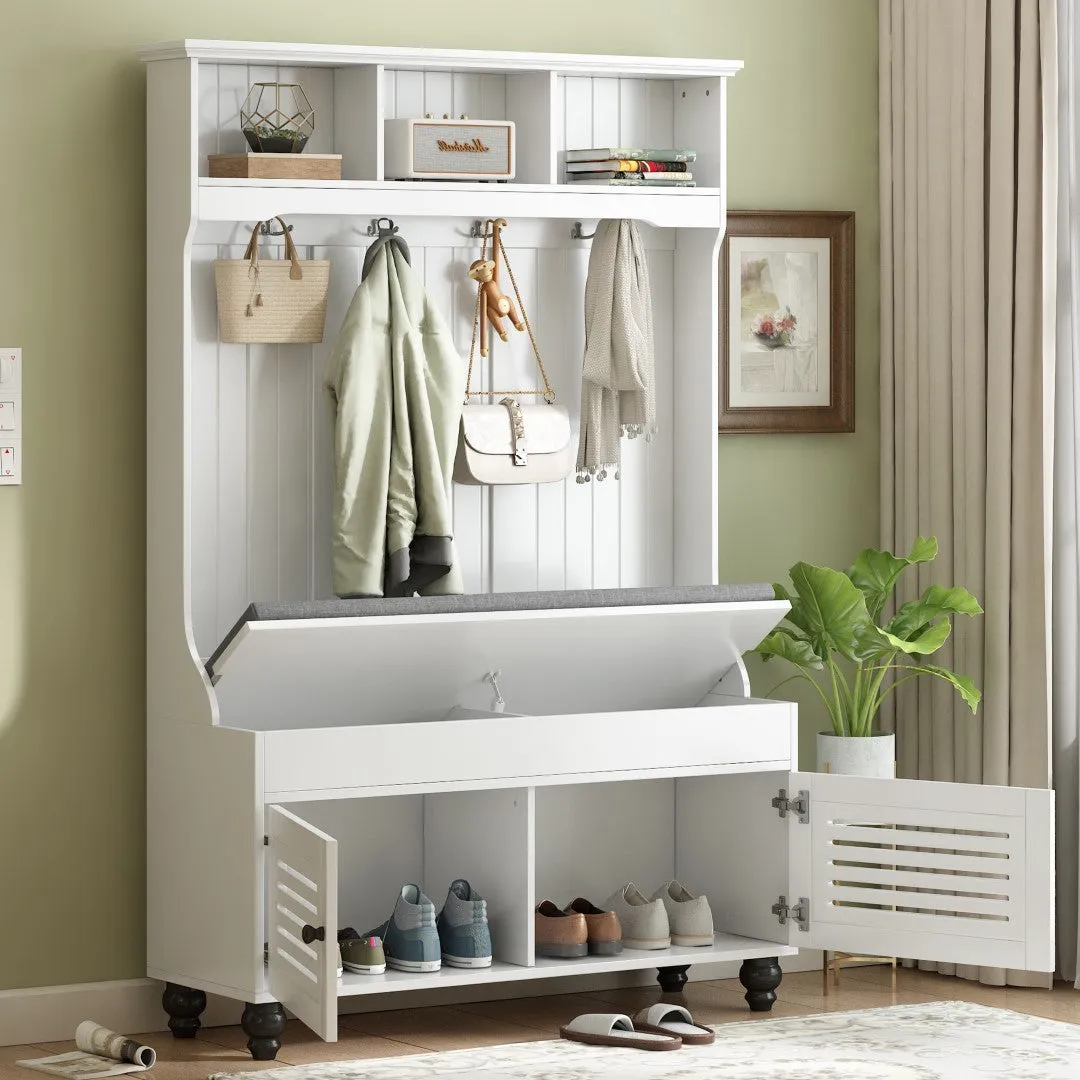 5-In-1 Entryway Bench with Shutter Doors, Coat Rack, Cushion & 4 Hooks, 47.2'' Hall Tree Storage Bench for Hallway & Living Room