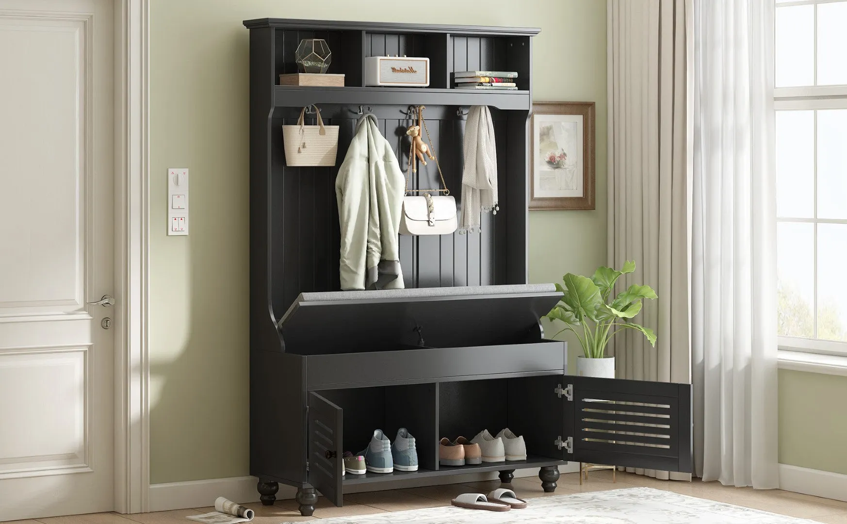 5-In-1 Entryway Bench with Shutter Doors, Coat Rack, Cushion & 4 Hooks, 47.2'' Hall Tree Storage Bench for Hallway & Living Room