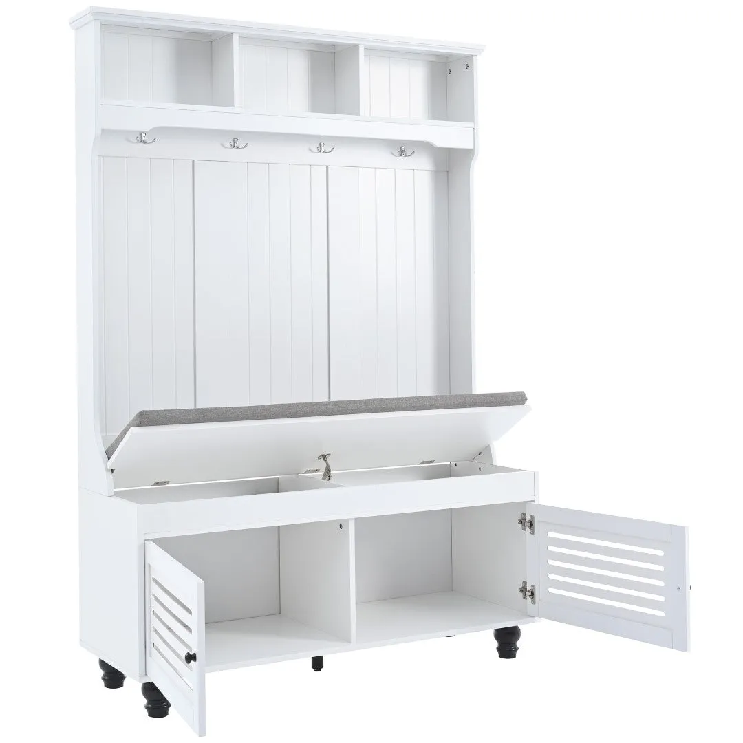 5-In-1 Entryway Bench with Shutter Doors, Coat Rack, Cushion & 4 Hooks, 47.2'' Hall Tree Storage Bench for Hallway & Living Room