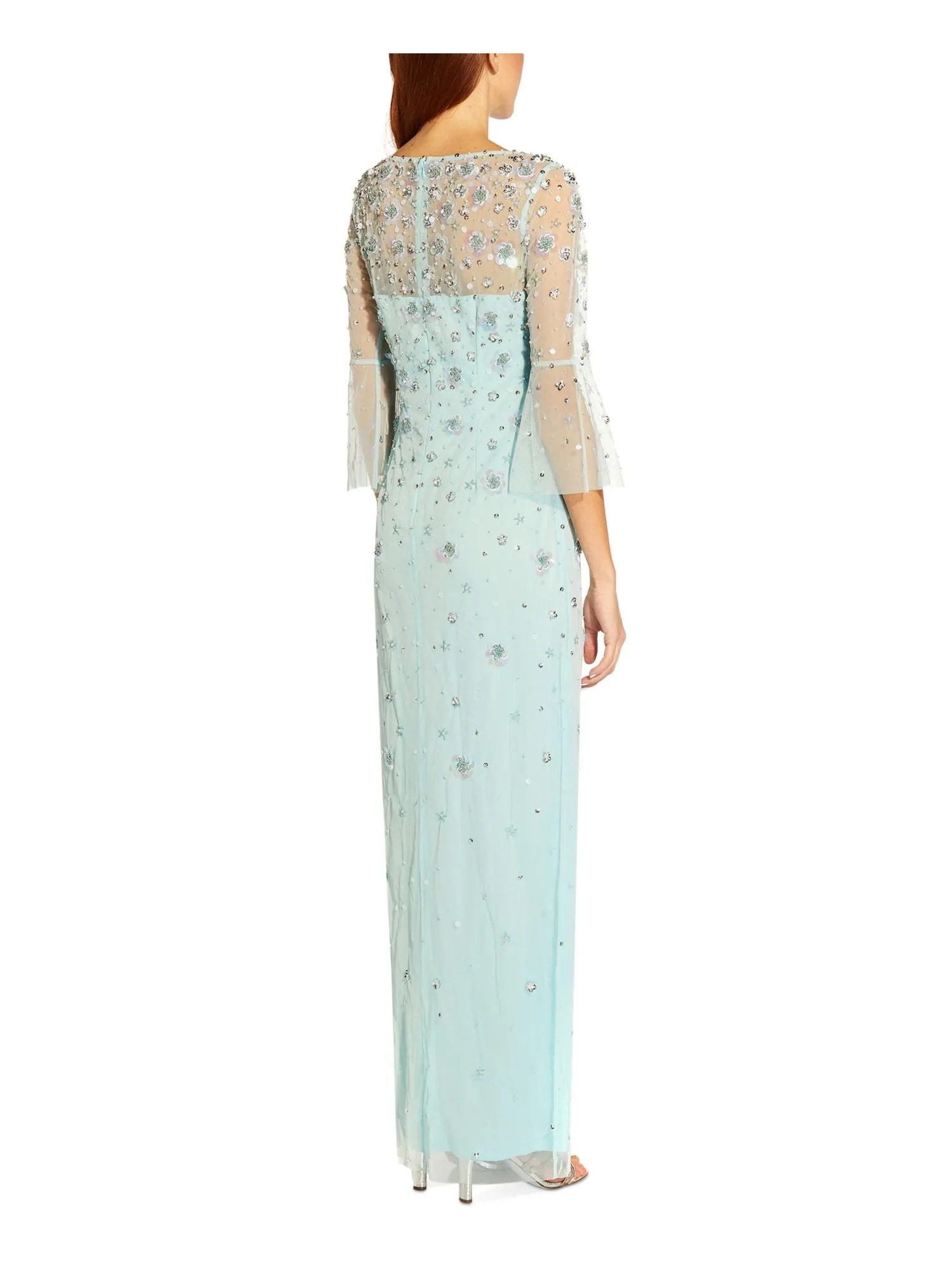 ADRIANNA PAPELL Womens Aqua Embellished Slitted Lined Zippered 3/4 Sleeve Illusion Neckline Tea-Length Evening Sheath Dress