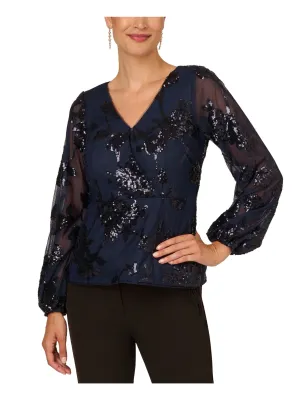 ADRIANNA PAPELL Womens Navy Mesh Zippered Lined Long Sleeve Surplice Neckline Party Faux Wrap Top