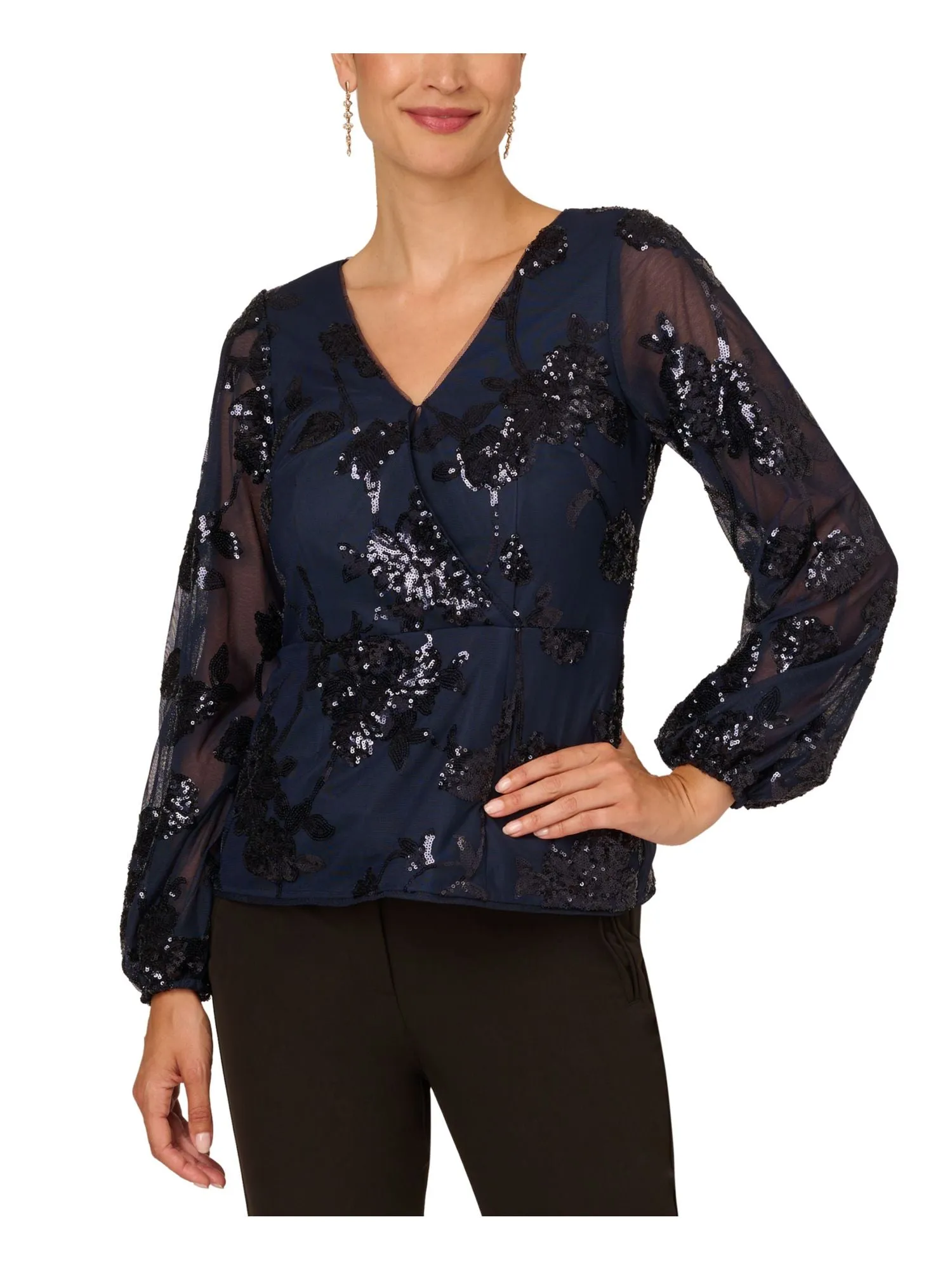 ADRIANNA PAPELL Womens Navy Mesh Zippered Lined Long Sleeve Surplice Neckline Party Faux Wrap Top
