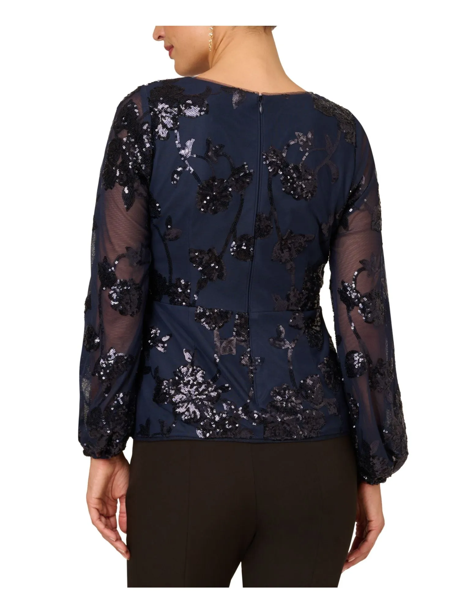 ADRIANNA PAPELL Womens Navy Mesh Zippered Lined Long Sleeve Surplice Neckline Party Faux Wrap Top