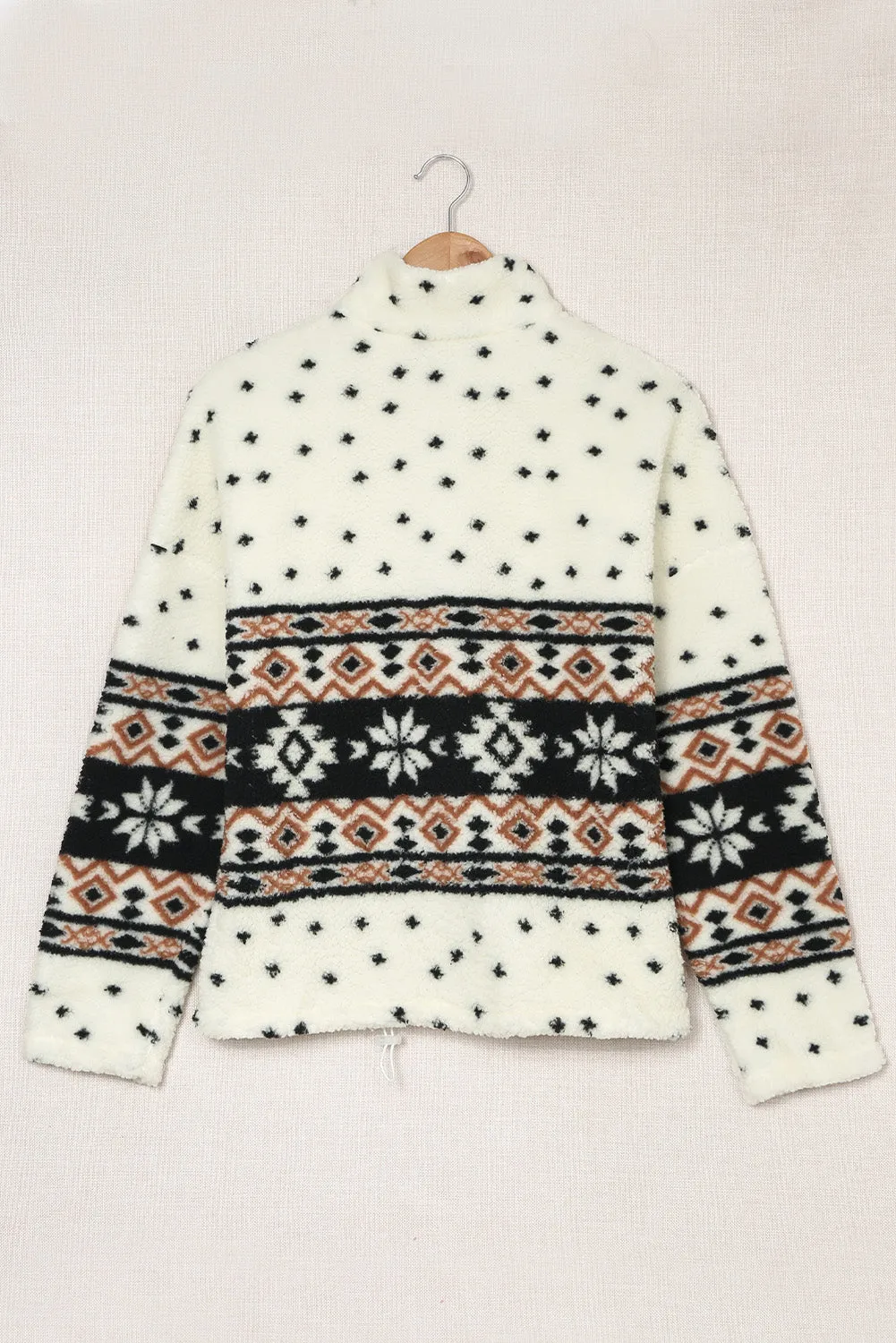 Apricot Tribal Printed Zipped Fleece Pullover Sweatshirt