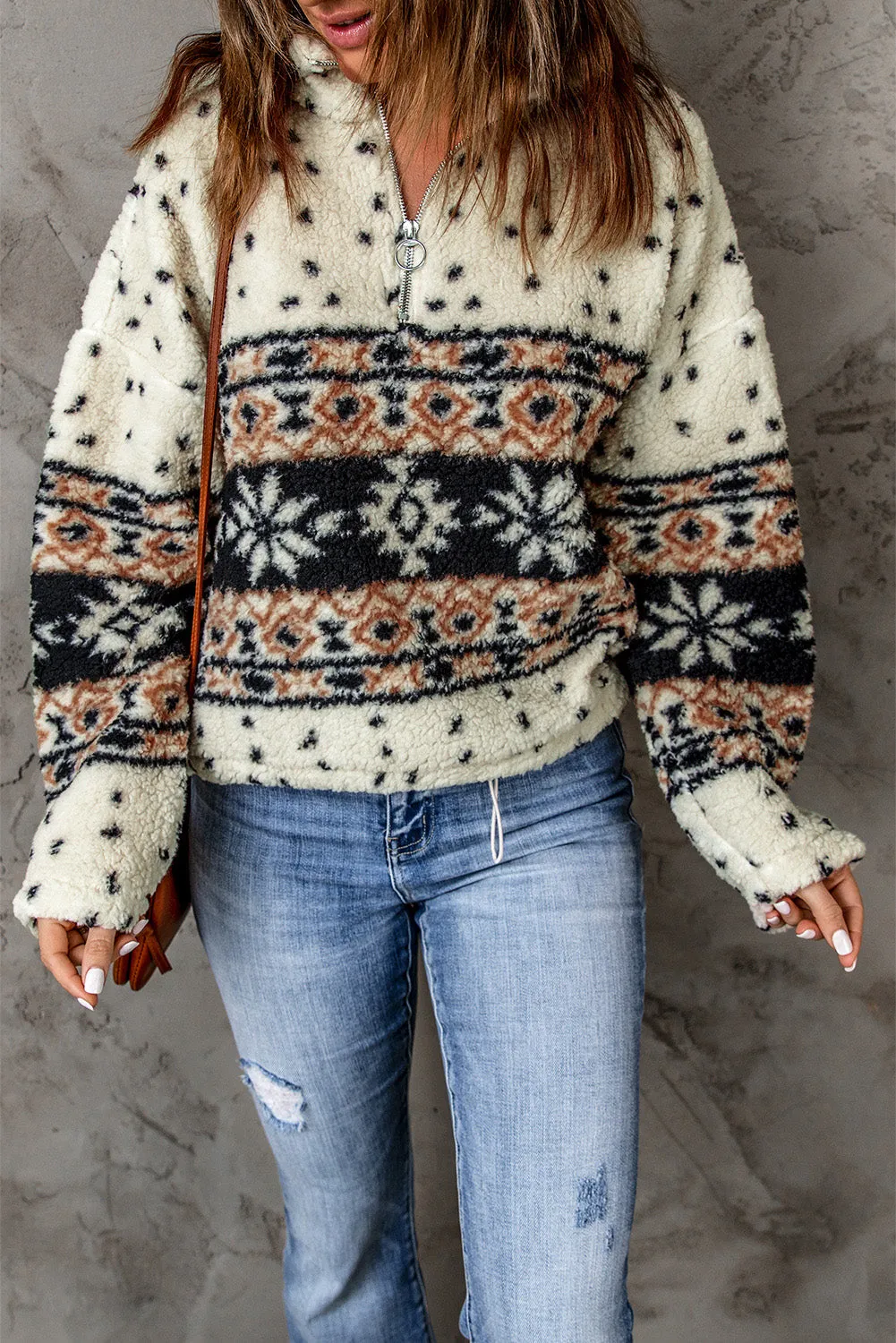 Apricot Tribal Printed Zipped Fleece Pullover Sweatshirt