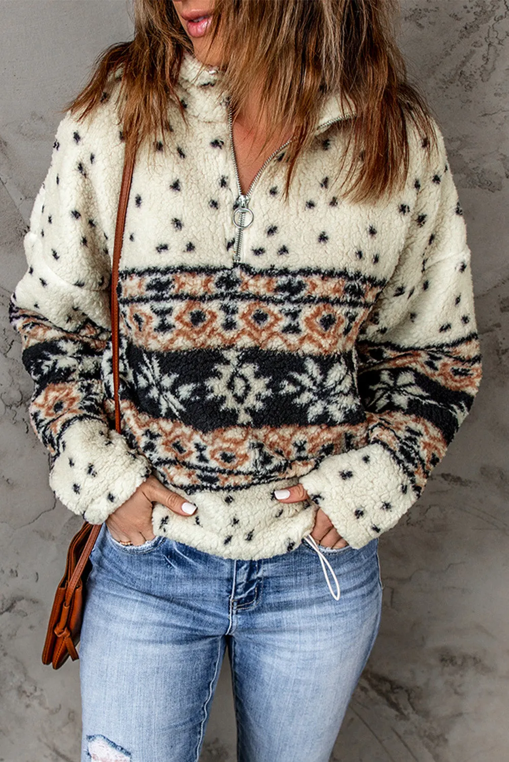 Apricot Tribal Printed Zipped Fleece Pullover Sweatshirt