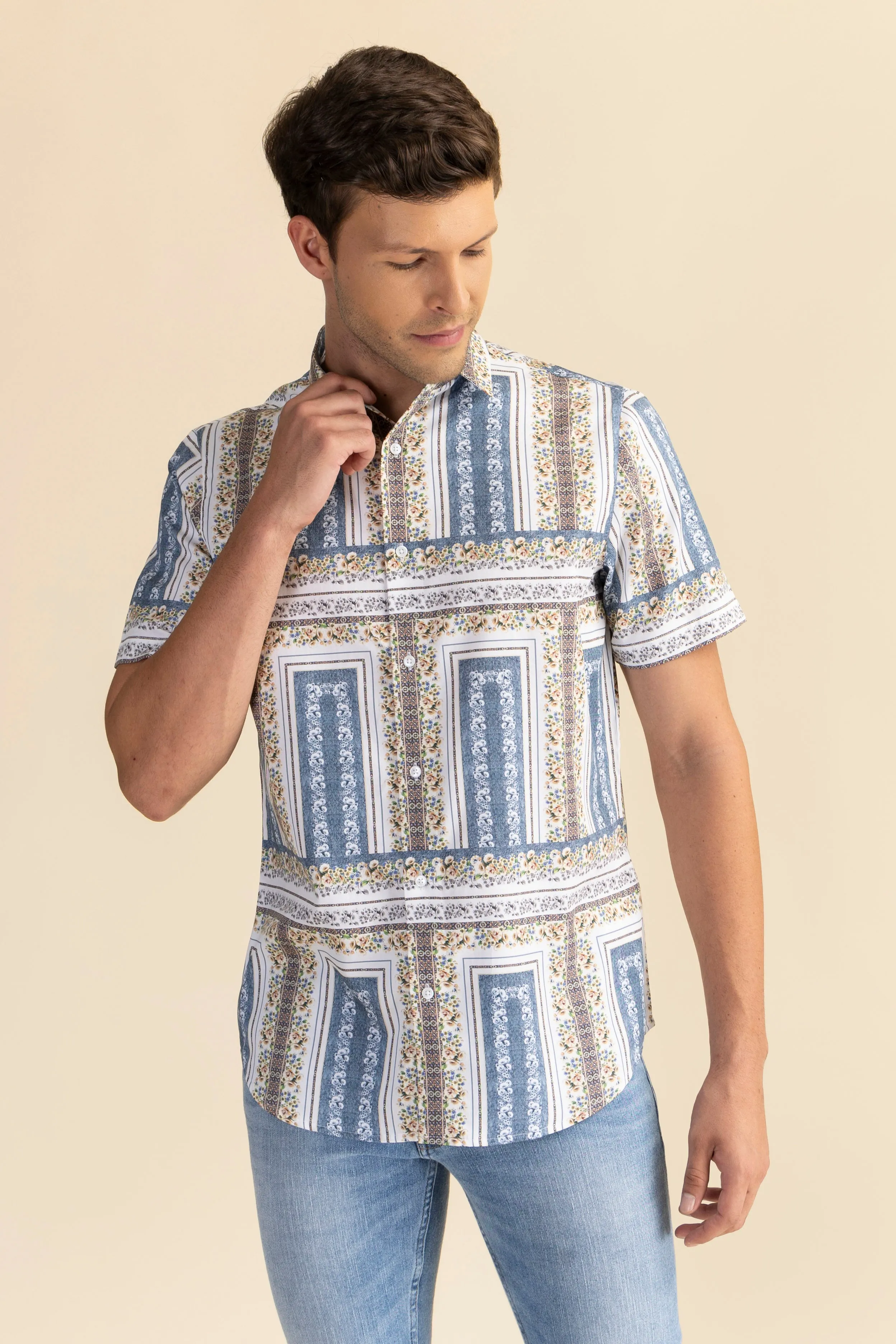 Blue blocks satin shirt EOSS