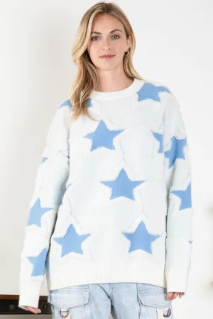 BlueVelvet Star Print Knit Sweater in White-Blue