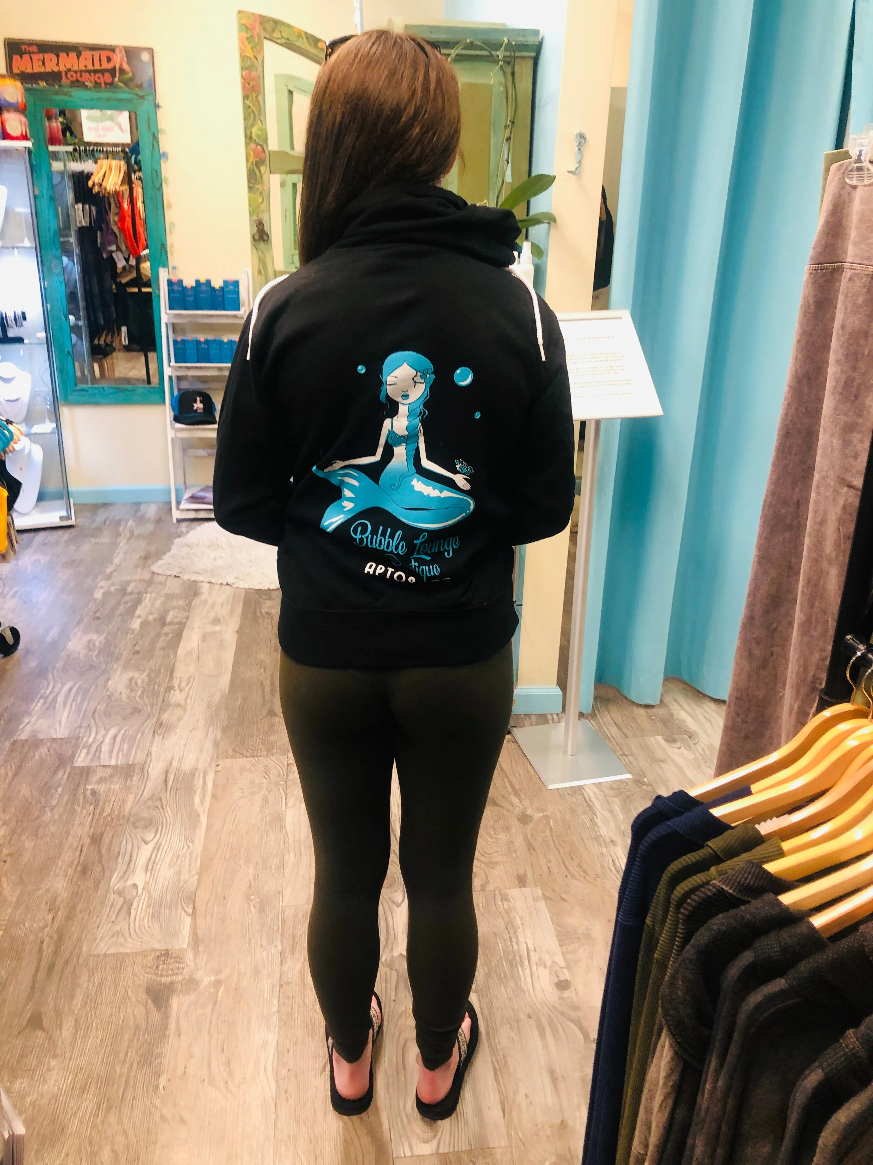 BUBBLE LOUNGE APPAREL ZIP HOODIE BLACK WITH BLUE MERMAID NEW!