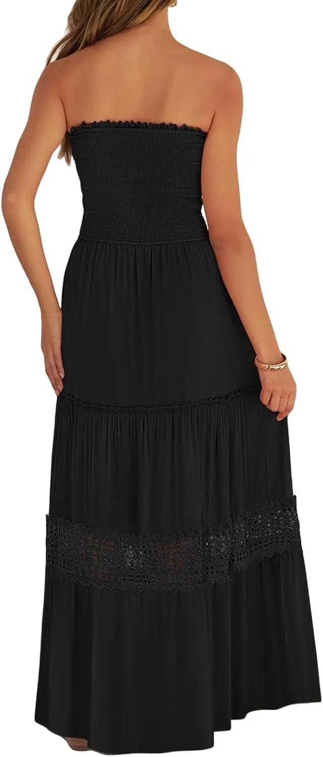 Canbebig Maxi Dresses for Women Bohemian Strapless Off Shoulder Dresses Backless Long Dress Flowy A Line Beach Sundress