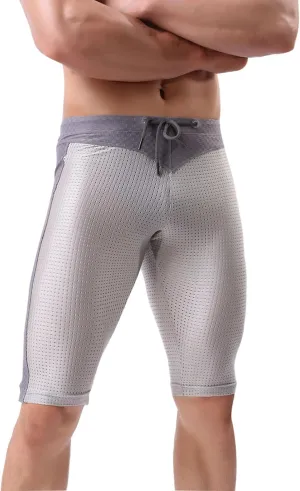 Capri Swimming Shorts for Men Mid Rise Drawstring Elastic Waist Skinny Mesh Leggings Slim Fit Breathable Short Pants