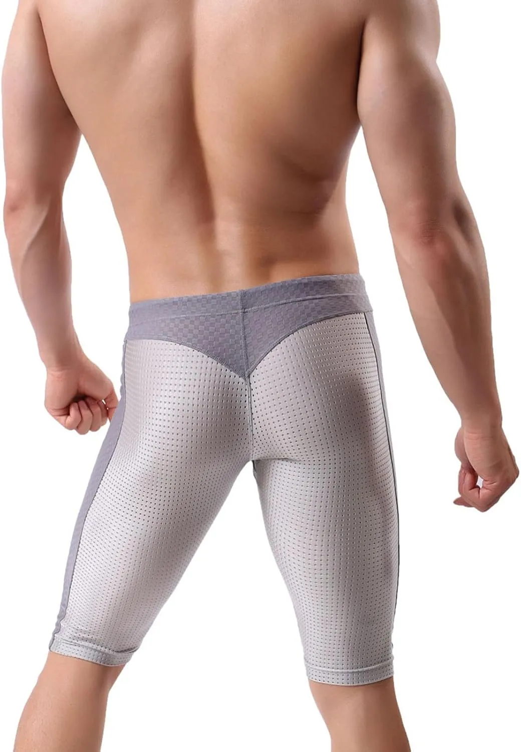 Capri Swimming Shorts for Men Mid Rise Drawstring Elastic Waist Skinny Mesh Leggings Slim Fit Breathable Short Pants