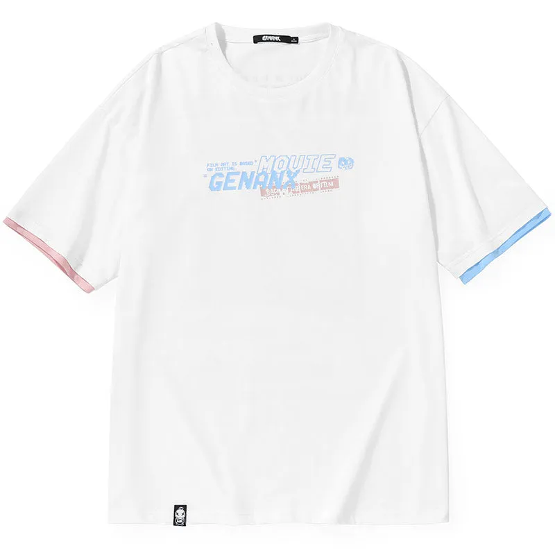 Color Block Double-Layer Sleeve Cartoon Film Print T-Shirt