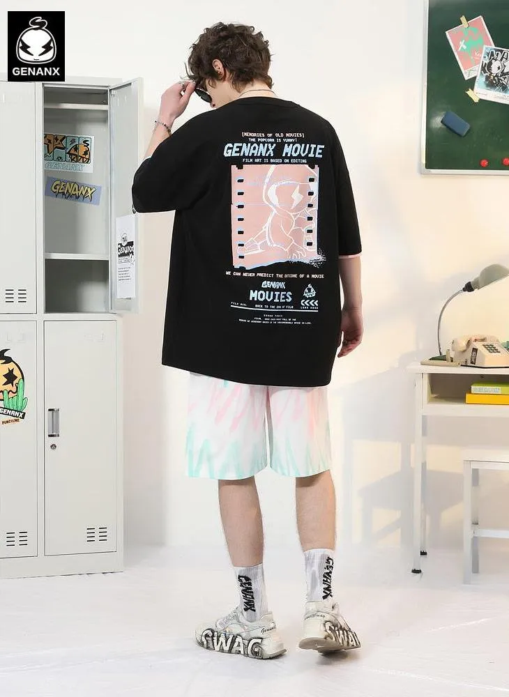 Color Block Double-Layer Sleeve Cartoon Film Print T-Shirt