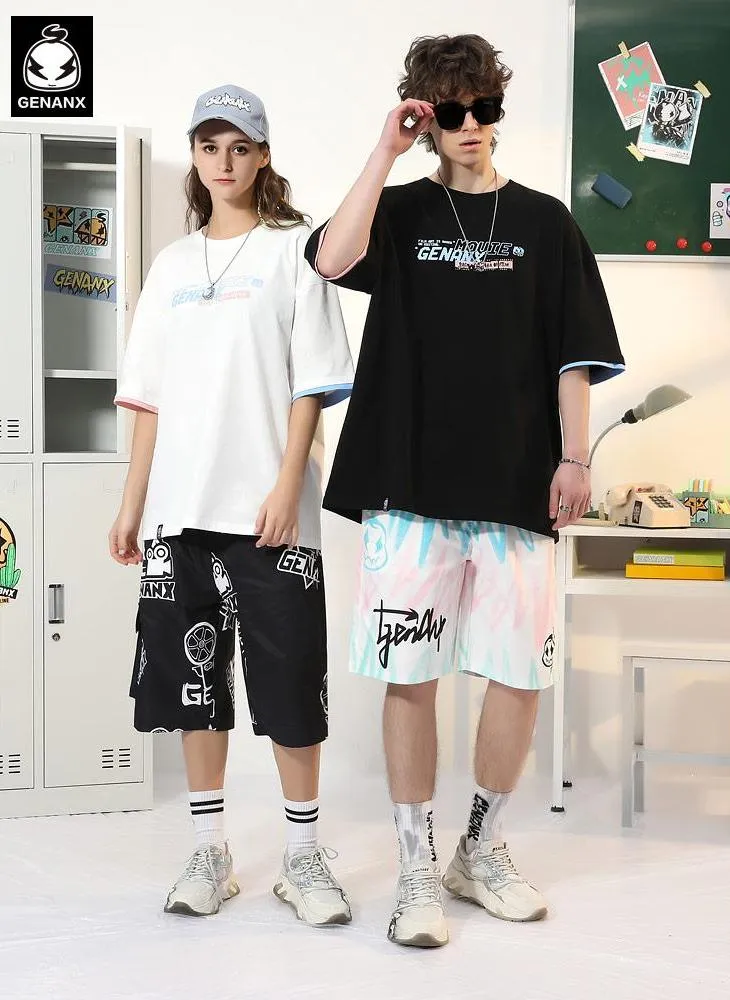 Color Block Double-Layer Sleeve Cartoon Film Print T-Shirt