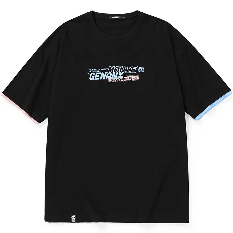 Color Block Double-Layer Sleeve Cartoon Film Print T-Shirt