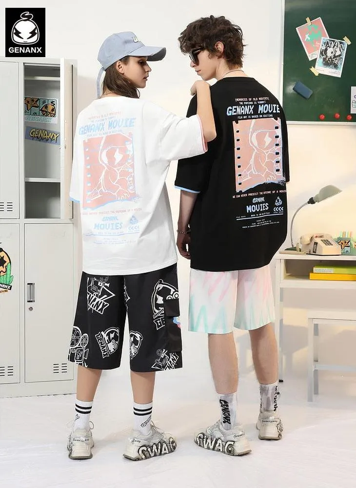 Color Block Double-Layer Sleeve Cartoon Film Print T-Shirt