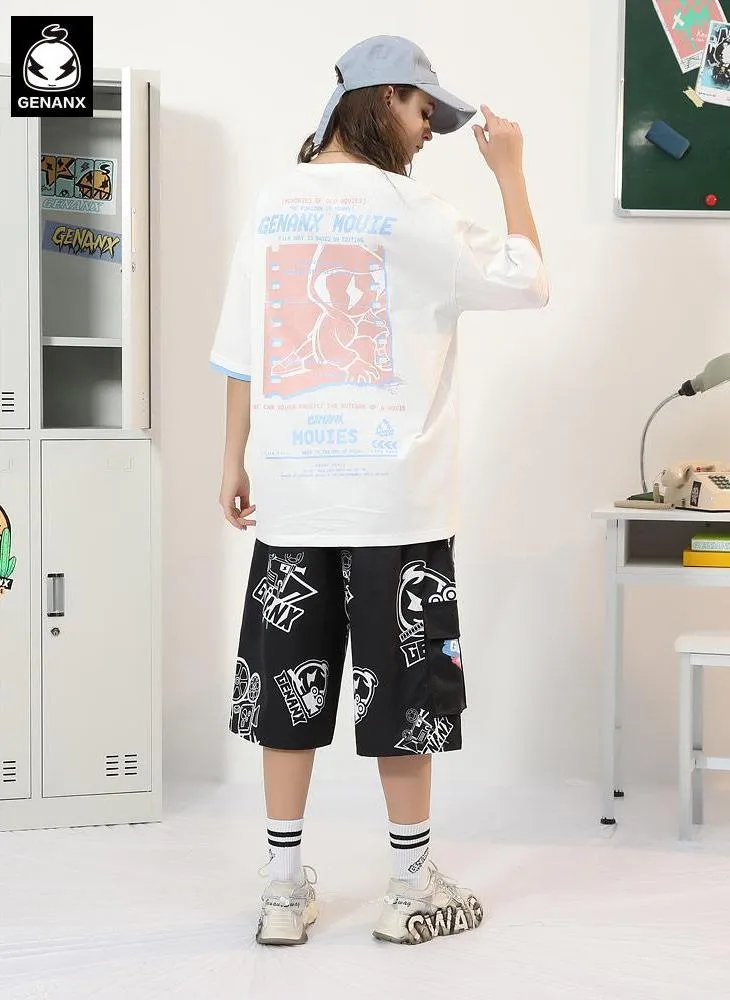 Color Block Double-Layer Sleeve Cartoon Film Print T-Shirt