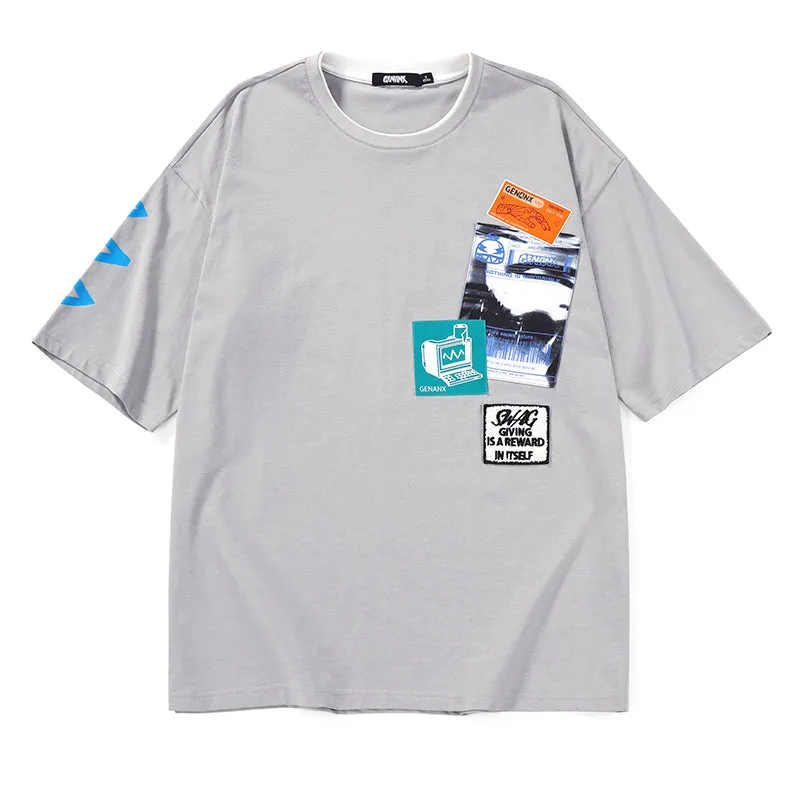 Contrast Color Double Layer Collar Cotton T-Shirt