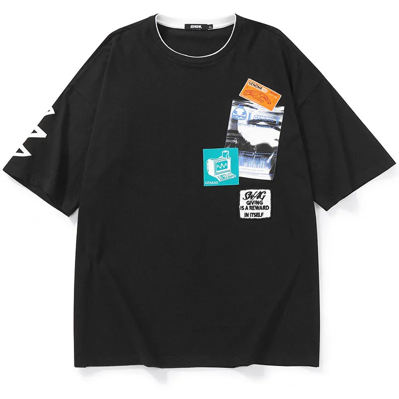 Contrast Color Double Layer Collar Cotton T-Shirt