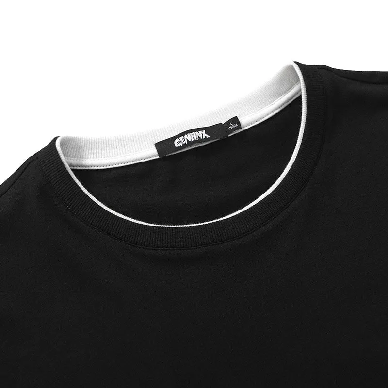 Contrast Color Double Layer Collar Cotton T-Shirt