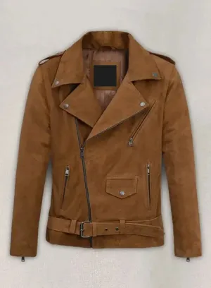 Elegant Caramel Brown Suede Pure Leather Biker Jacket By TJS