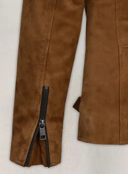 Elegant Caramel Brown Suede Pure Leather Biker Jacket By TJS
