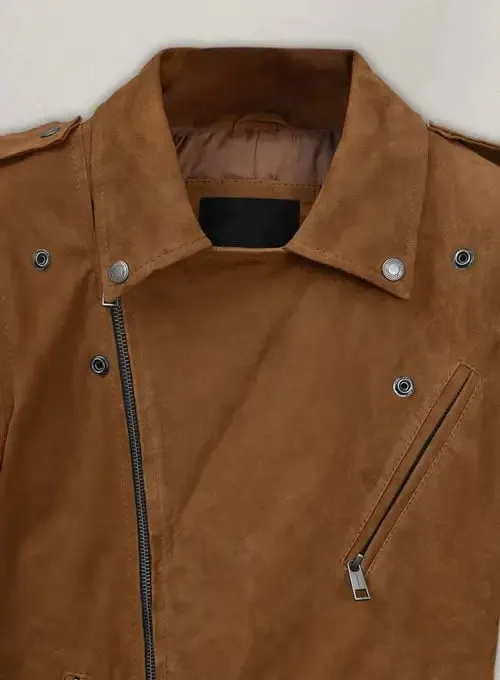 Elegant Caramel Brown Suede Pure Leather Biker Jacket By TJS