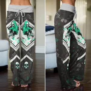 Green Skull Lip Pattern Women's High-waisted Wide Leg Pants
