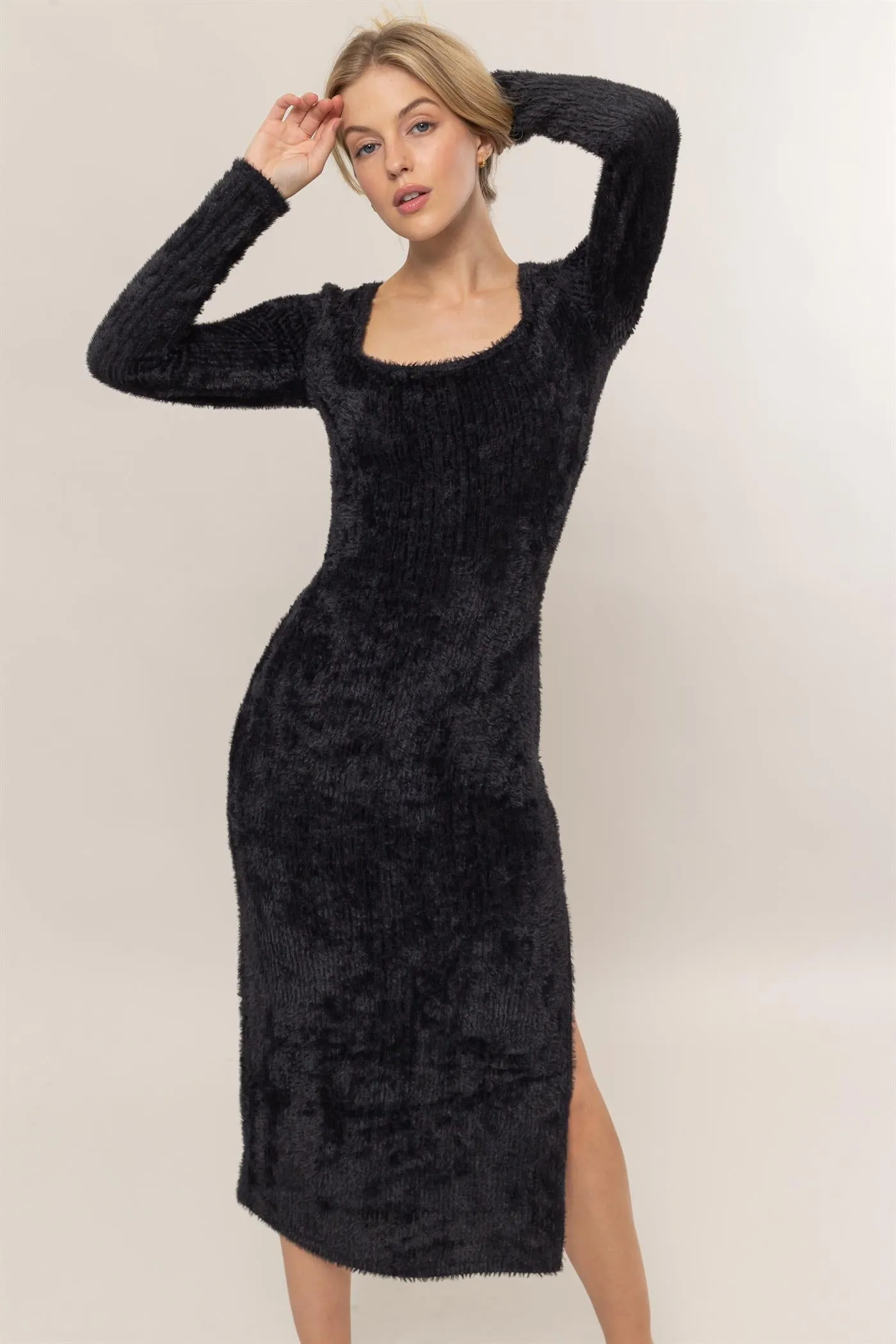 HF24F839-Fuzzy Knit Midi Dress