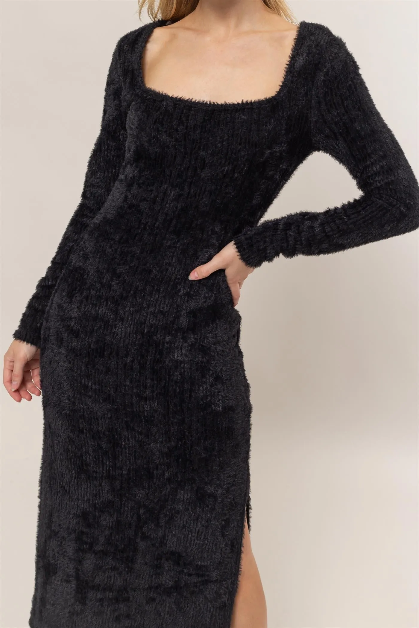 HF24F839-Fuzzy Knit Midi Dress