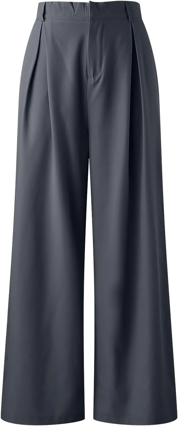 High Waisted Pants for Women Elastic Waist Lounge Trousers with Pockets Comfort Loose Fit Casual Palazzo Pants