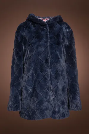 Hooded Diamond Pattern Denim Blue Mink Fur Jacket