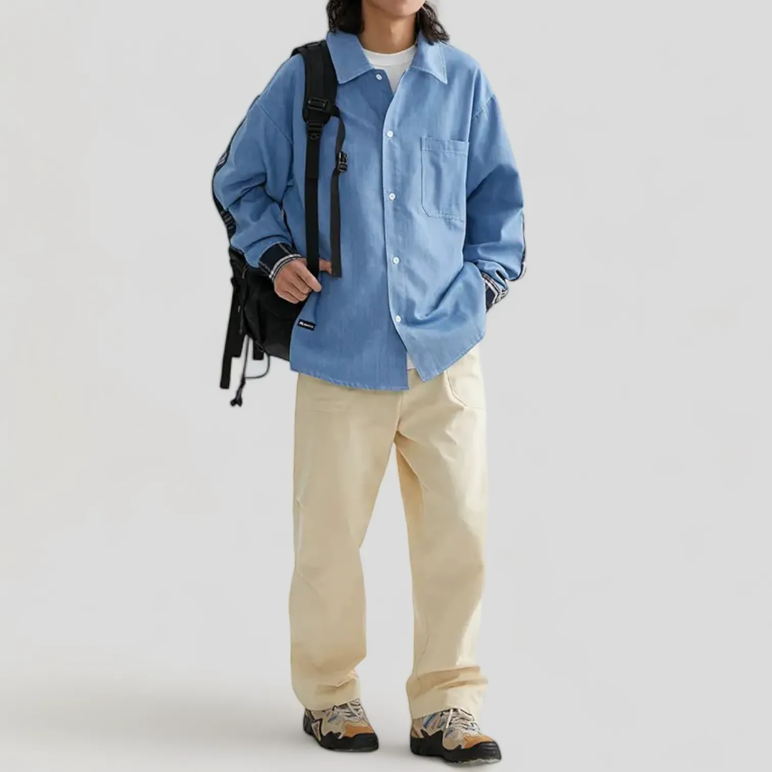 Loose fit chambray shirt with plaid back
