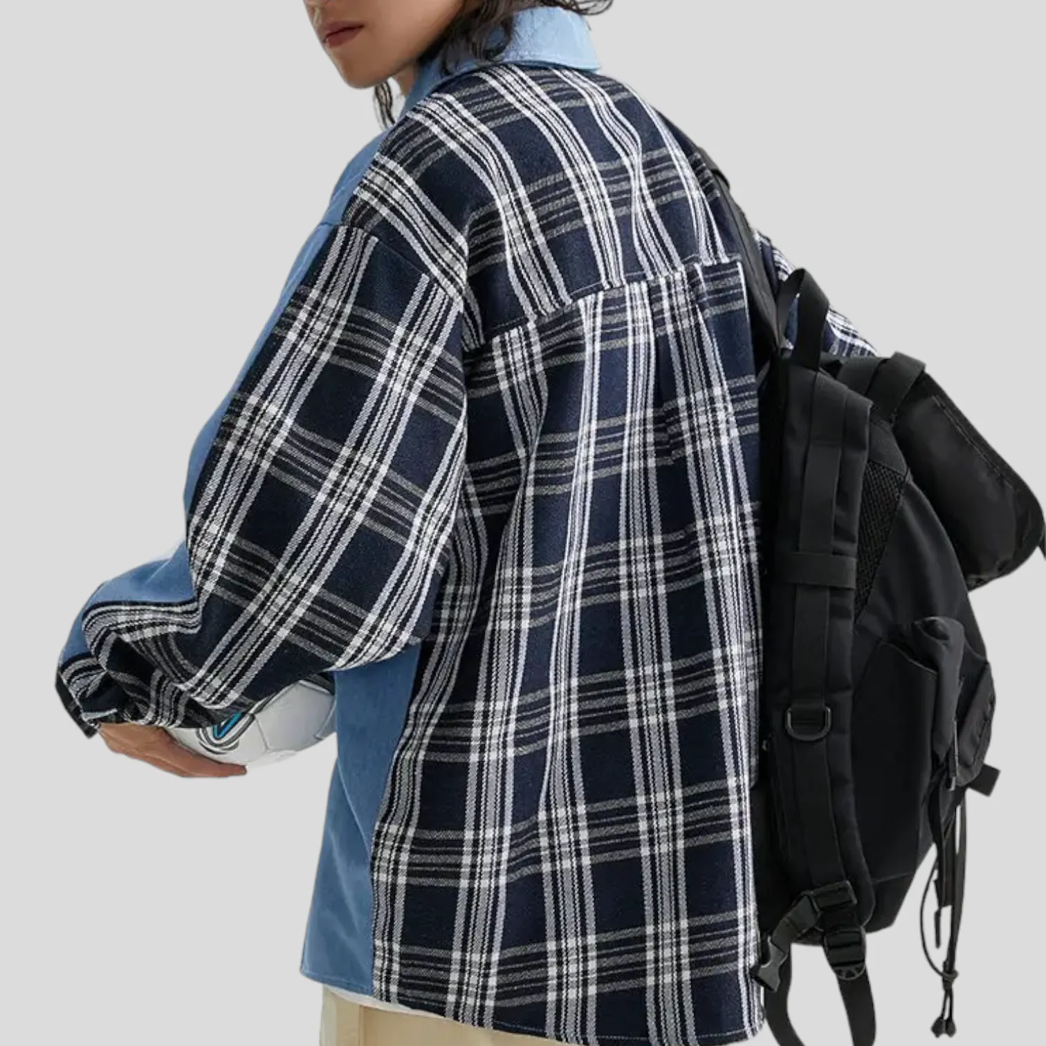 Loose fit chambray shirt with plaid back