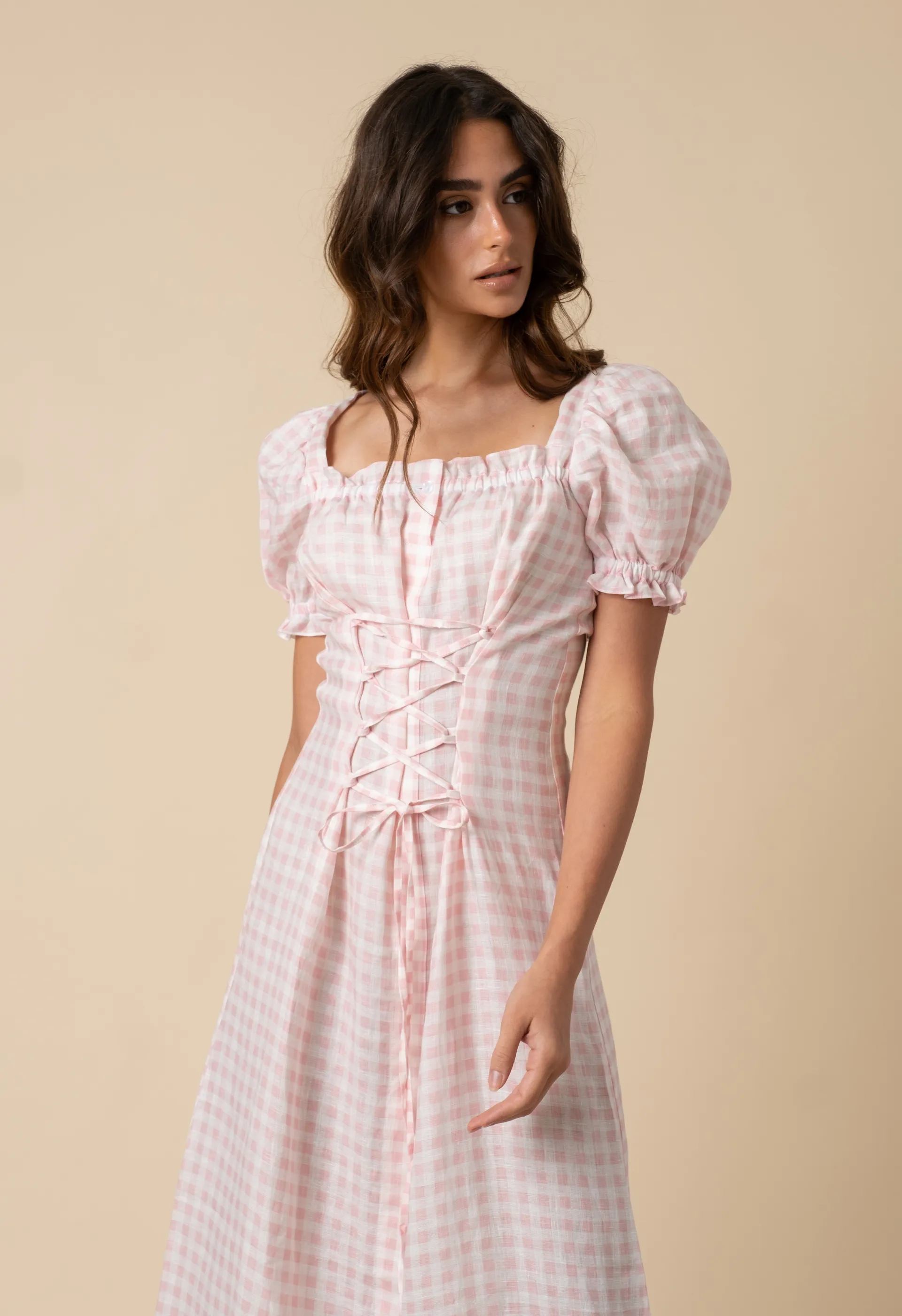 Marquise Linen Dress in Pink Vichy