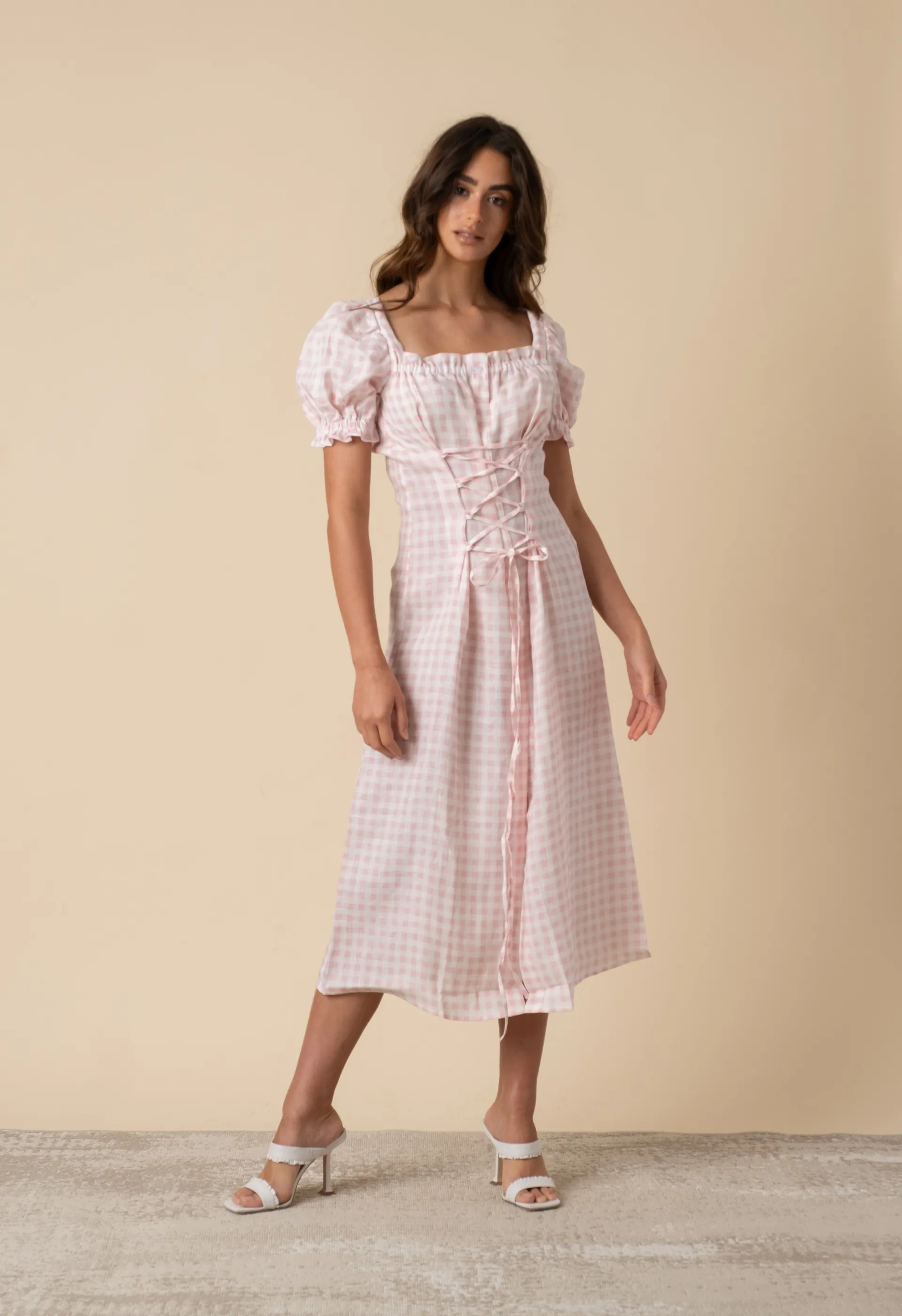 Marquise Linen Dress in Pink Vichy