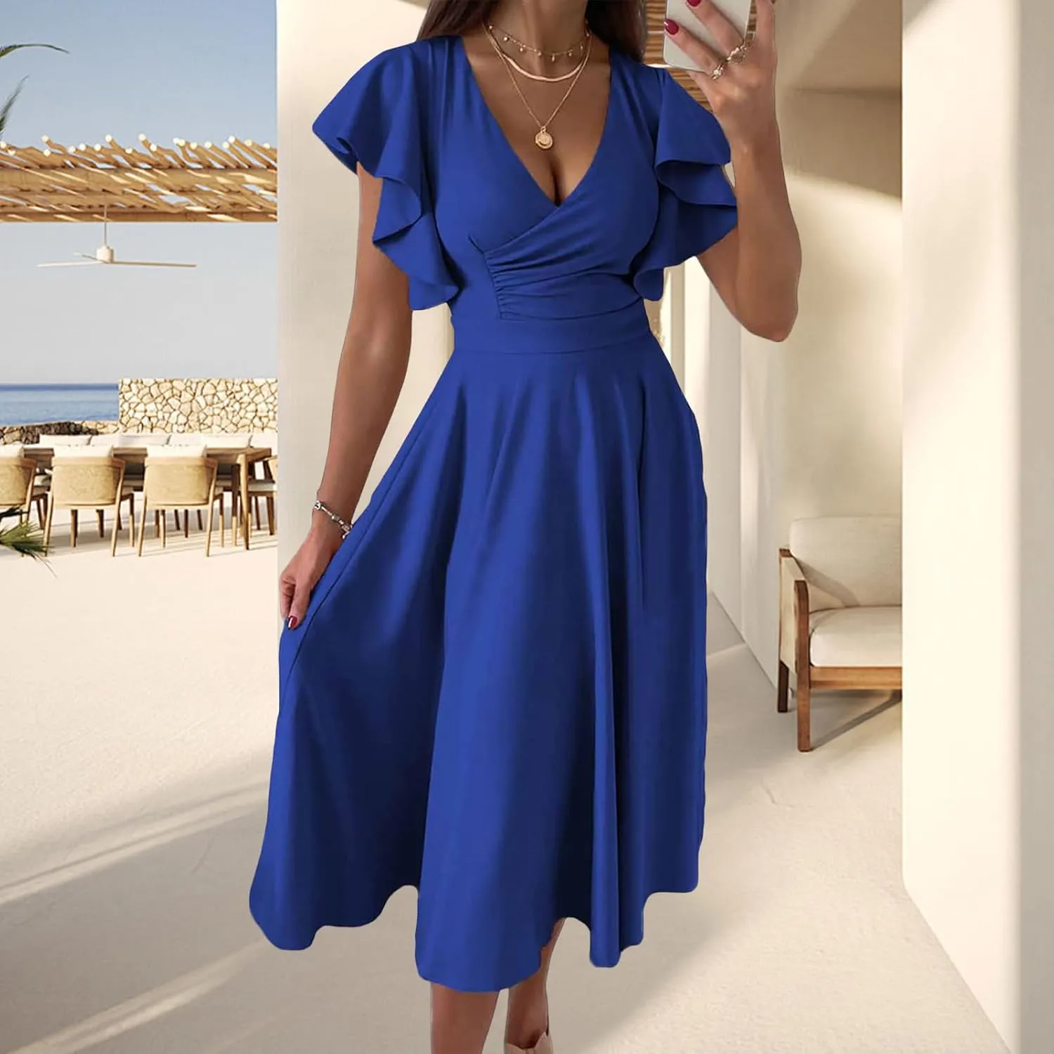 Maxi Dress for Women Sexy Ruffle Short Sleeve V Neck Dresses Casual Solid Color Pleated Tummy Control Beach Sundress