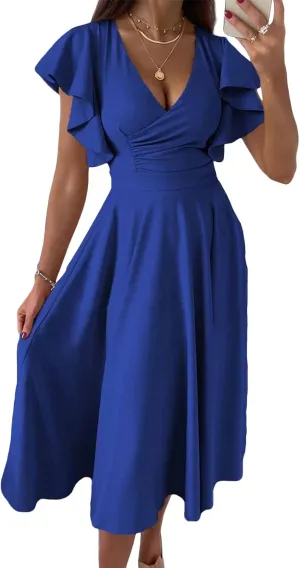 Maxi Dress for Women Sexy Ruffle Short Sleeve V Neck Dresses Casual Solid Color Pleated Tummy Control Beach Sundress
